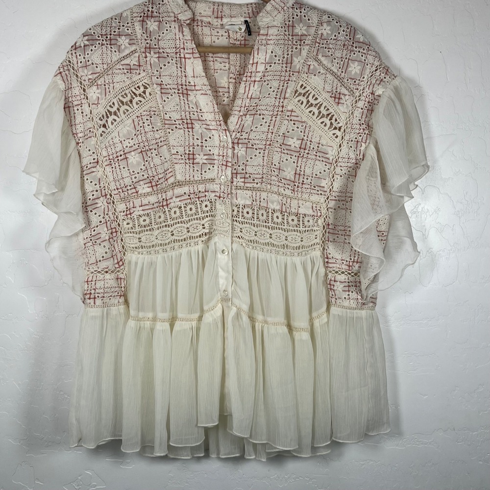 Akemi + Kin Anthropologie Lindy Eyelet Lace Tiered‎ Ruffle Blouse Red White SZ M